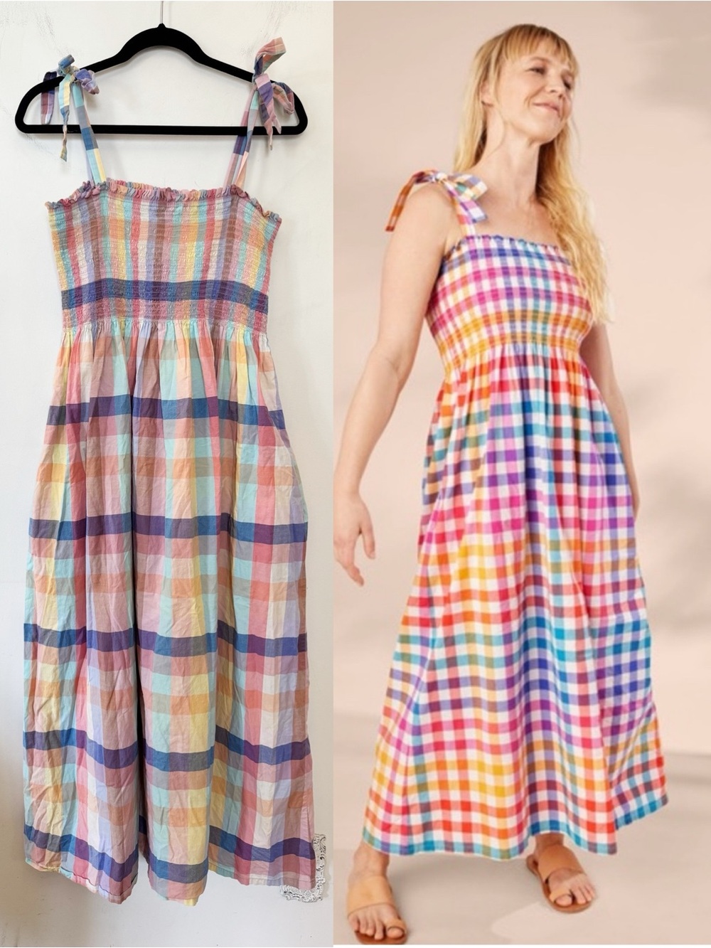 Tea Collection Pastel Plaid Gingham Cotton Smocked Maxi Sundress XL Pockets